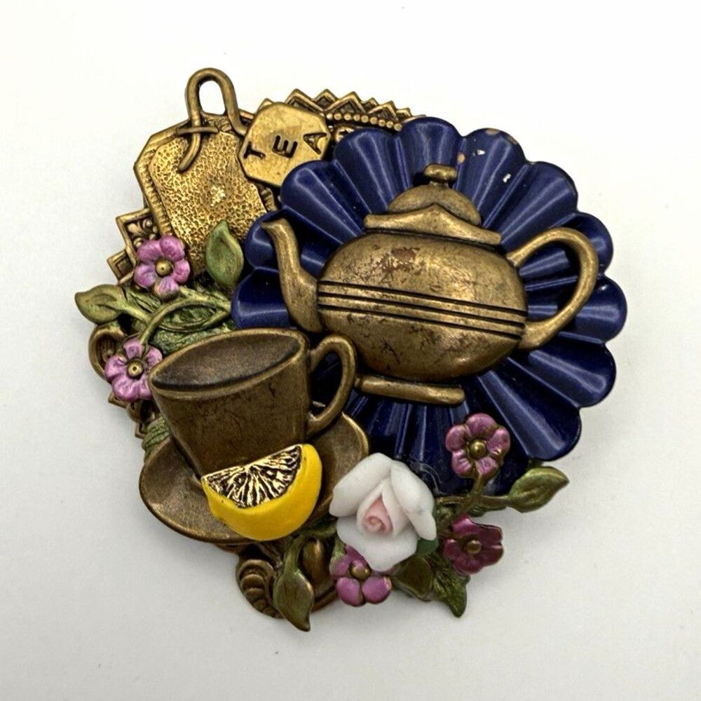 Vintage Style Tea Party Brooch Pin - Teapot, Teacup, Lemon, & Flowers
